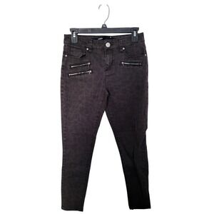 Harper Skinny Jeans Women 27 Black Leopard Print Moto Zipper Detail Faded Denim